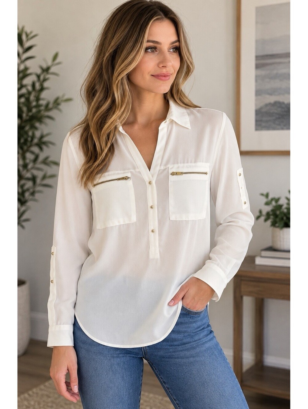 Express Women XS Petite Ivory Utility Blouse Gold Zip Pockets Long Sleeve Shirt
